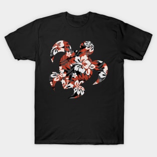 Large Hawaiian Print - Hibiscus, Plumeria, and Leaves in red and black T-Shirt